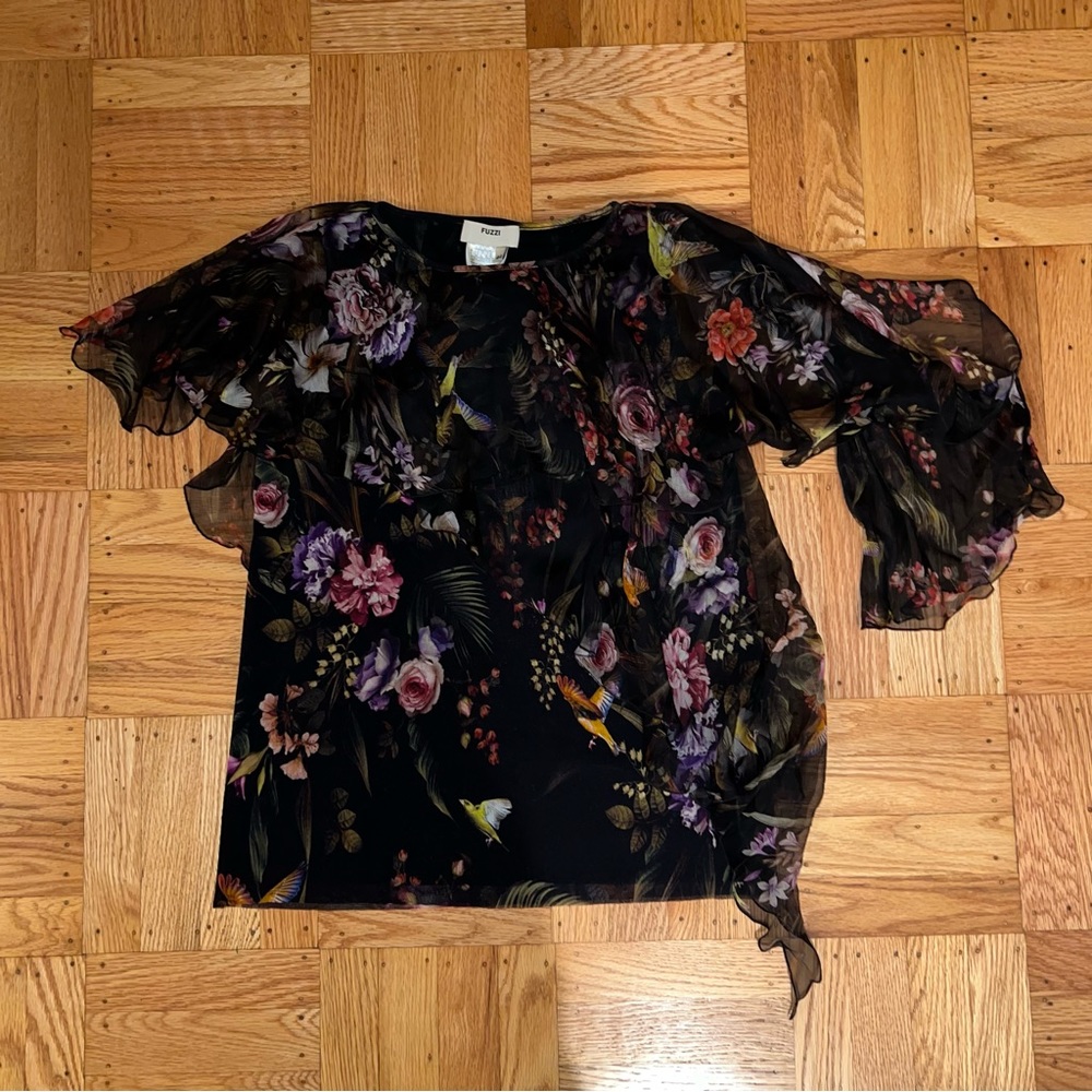 NWT Orig $595 Fuzzi Ruffled Floral Mesh Sleeveless Blouse Top Sz 44 M Gaultier